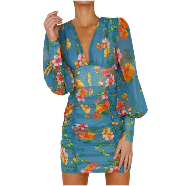 Pompotops Robe Longue à Manches Longues en Chiffon Plissé avec Imprimé Floral, Col en V, Fermeture Éclair, Sac Mince