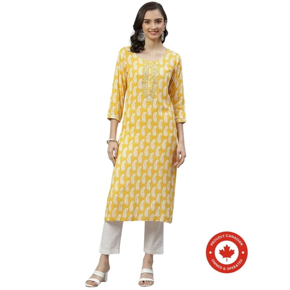 DWEEP SARA Women’s Yellow Paisley Print Straight Kurta XXL/44 Ethnic Tunic Top 3/4 Sleeves Casual Festive Wear