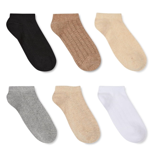 George Women's Low-Cut Socks 6-Pack in assorted colours including black, brown with cable knit pattern, beige, grey, light tan, and white. Made from a breathable cotton blend with ribbed cuffs, these casual socks provide comfort for everyday wear and pair well with low-cut shoes.