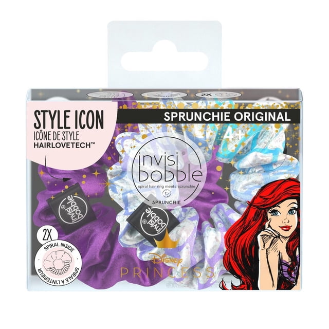 Invisibobble® Princesse Disney Ariel Ensemble de SPRUNCHIE (2 Pcs) avec Deux Chouchous Anneau à Cheveux en Spirale en Tissu Violet et Bleu-Blanc, Mettant en Vedette HairlovetechTM pour Moins de Dommages aux Cheveux, Prise Forte et Coiffage Confortable Sans Traces, Marqué du logo Princesse Disney.