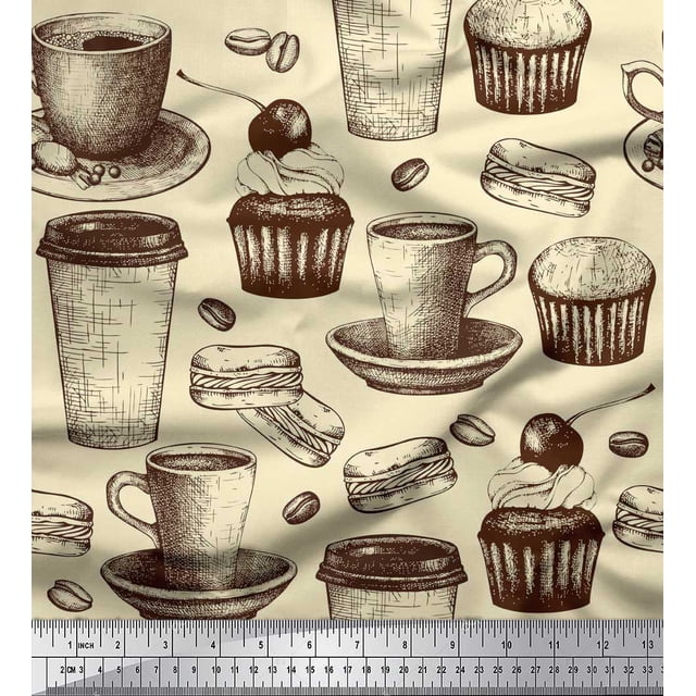 Soimoi Poly Georgette Fabric Burger,Cupcake & Cups Printed Fabric 1 Yard 52 Inch Wide