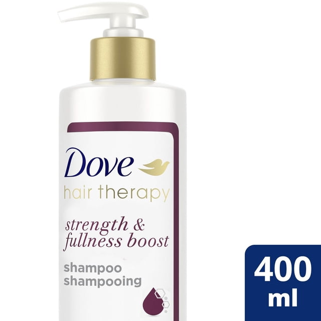 Dove Strength & Fullness Boost Shampoo in a white 400 ml bottle with a gold pump dispenser, sulfate-free formula designed to nourish and thicken thin hair for visibly fuller, stronger hair from root to tip.