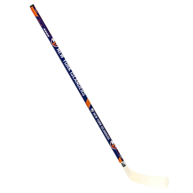 Franklin Sports NHL Islanders Street Hockey Stick - 48" Jr Left Handed featuring a navy blue shaft with full graphic New York Islanders logos and orange accents, paired with a durable white ABS blade, designed for junior street hockey players to improve stick handling and control.