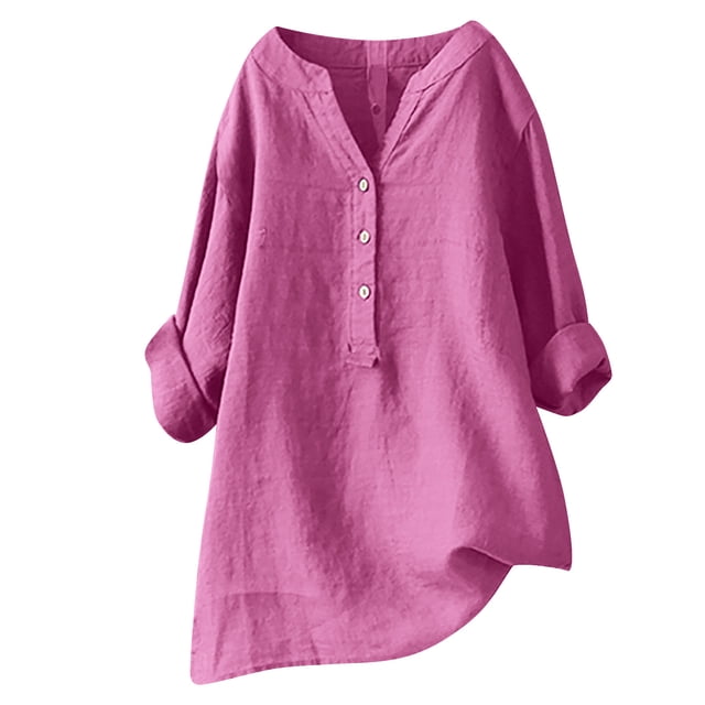 RKSTN Womens Tops Cotton and Linen V-Neck Long Sleeve Three Buttons Plus Size Tops Loose Fit Solid Color Basic Breathable Summer Tops Blouses