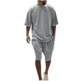 thumbnail image 1 of Mikilon Tenues Tendance pour Hommes Ensemble 2 Pcs Manches Courtes Col Rond Blouse/chemise Mode Décontractée Couleur Unie Manches Courtes Col Rond Blouses Chemises Ensembles Gris 2TG, 1 of 8