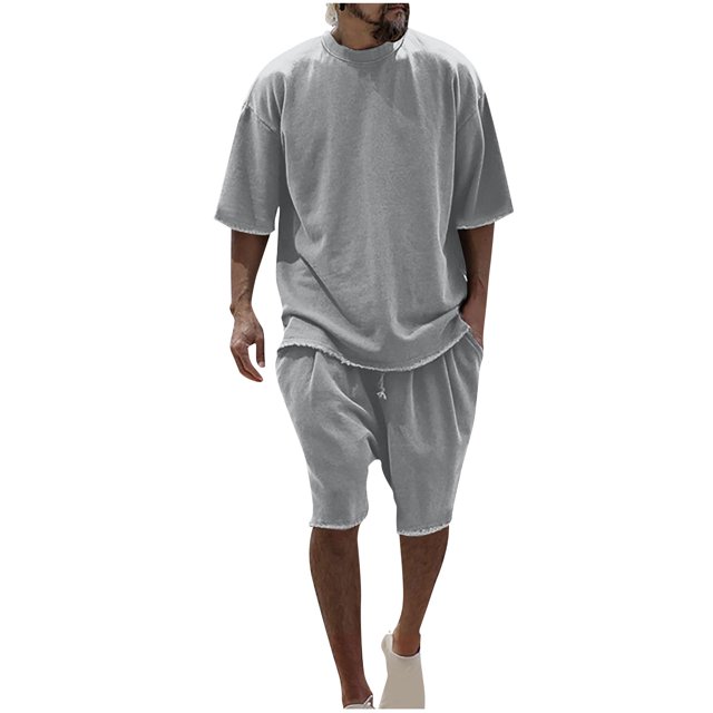 Mikilon Tenues Tendance pour Hommes Ensemble 2 Pcs Manches Courtes Col Rond Blouse/chemise Mode Décontractée Couleur Unie Manches Courtes Col Rond Blouses Chemises Ensembles Gris 2TG