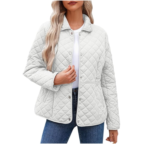 aohooy Light Weight Quilted Jacket for Women Fall Long Sleeve Button Down Diamond Puffer Jacket Outerwear Bomber Coats with Pockets White,XL