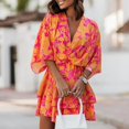 thumbnail image 1 of Robe Courte à Imprimé Floral pour Femmes, Plissée, Col en V, Cordon de Serrage, Taille Élastique, à Volants, Superposée, Robe Courte, 1 of 5