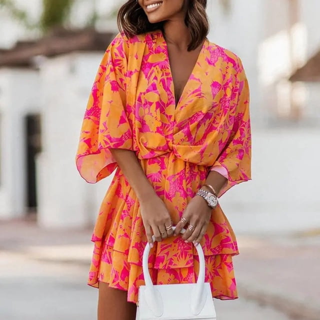 Robe Courte à Imprimé Floral pour Femmes, Plissée, Col en V, Cordon de Serrage, Taille Élastique, à Volants, Superposée, Robe Courte