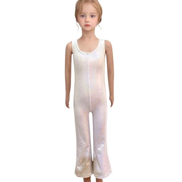 GDREDA Combinaison Moulante Extensible à Paillettes pour Garçons et Filles Sans Manches à Col Ras du Cou Pantalon Bas Combinaisons pour Fille Décontracté Été Argent,9-10ans