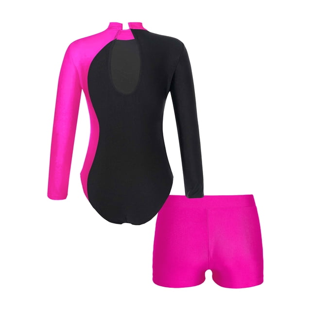 renvena Girls Gymnastics Leotards and Shorts Set Rhinestone Long Sleeve Ballet Unitard Biketards Rose 10