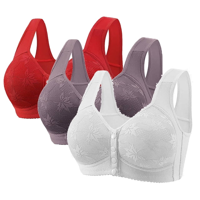 Yanlir 3PCS Bras for Women's No Underwire Wireless Bras Front Button Design Push Up Full Coverage Adjustable Straps U Shaped Back Comfortable Everyday Bra(Purple#2,S)