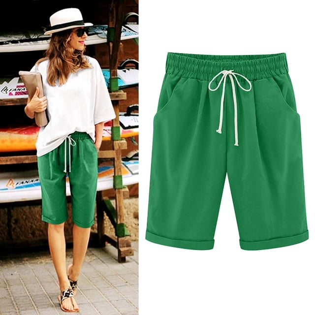 EGNMCR Womens Shorts Summer Plus Size Solid Five Points Large Size Cotton Linen Drawstring Shorts with Pockets Casual Pants
