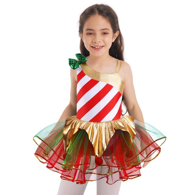 iefiel Robe de Danse de Noël à Rayures Canne de Bonbon pour Filles Justaucorps Tutu de Ballet Robes de Patinage Artistique sur Glace Rouge 14