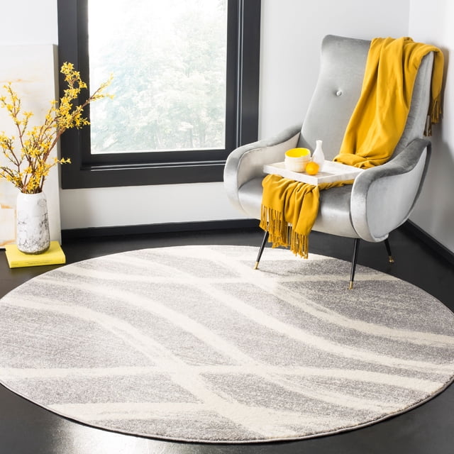 Safavieh Adirondack Collection ADR125B Modern Wave Distressed Non-Shedding Stain Resistant Living Room Bedroom Area Rug, 4' x 4' Round, Grey / Cream