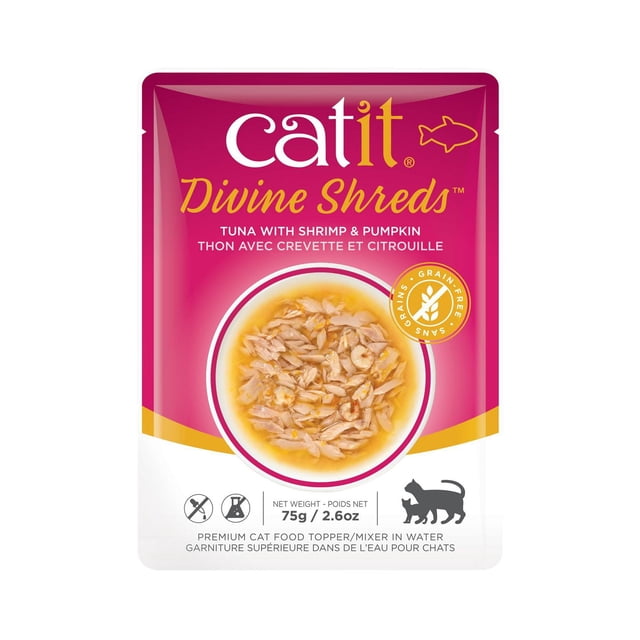 Catit Divine Shreds Tuna with Shrimp & Pumpkin wet cat food pouch showing shredded tuna and shrimp in broth, grain-free and low-calorie, 75g (2.6oz) premium cat food topper that adds flavour, texture, and moisture to dry food meals.