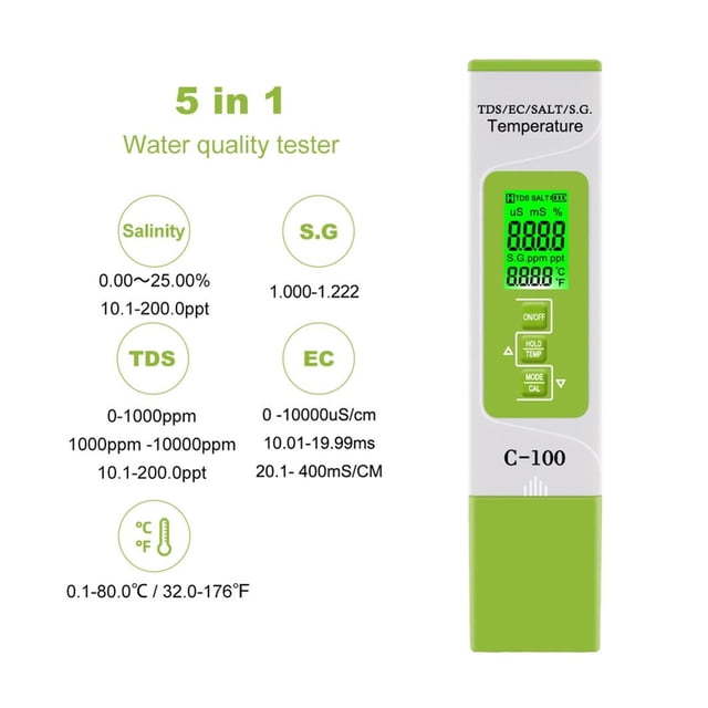 5 In 1 TDS/EC/Salinity/S.G./Temperature Salt Meter Digital Sea Water Quality Tester For Swimming Pools Drinking Water Aquarium