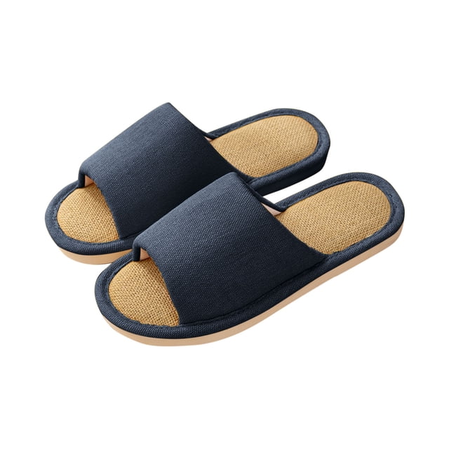 Xfvqtps Men House Slippers Linen Flax Insole Memory Foam Soft Sole Non Slip Slide Bedroom Indoor Slippers Blue