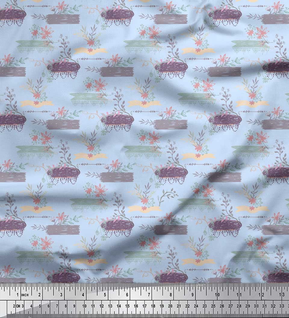 Soimoi Blue Silk Fabric Floral & Leaves Decor Fabric Printed Yard 42 Inch Wide