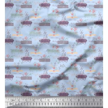 Soimoi Blue Cotton Poplin Fabric Floral & Leaves Decor Fabric Printed Yard 56 Inch Wide