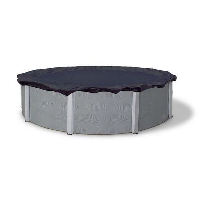 Blue Wave 8-Year Round Above-Ground Pool Winter Cover made of durable black polyethylene with 7x7 scrim count, covering a round above-ground pool with vertical supports, featuring a 4-foot overlap, metal grommets every 2 feet, and includes a vinyl-coated cable and metal winch for secure fastening.