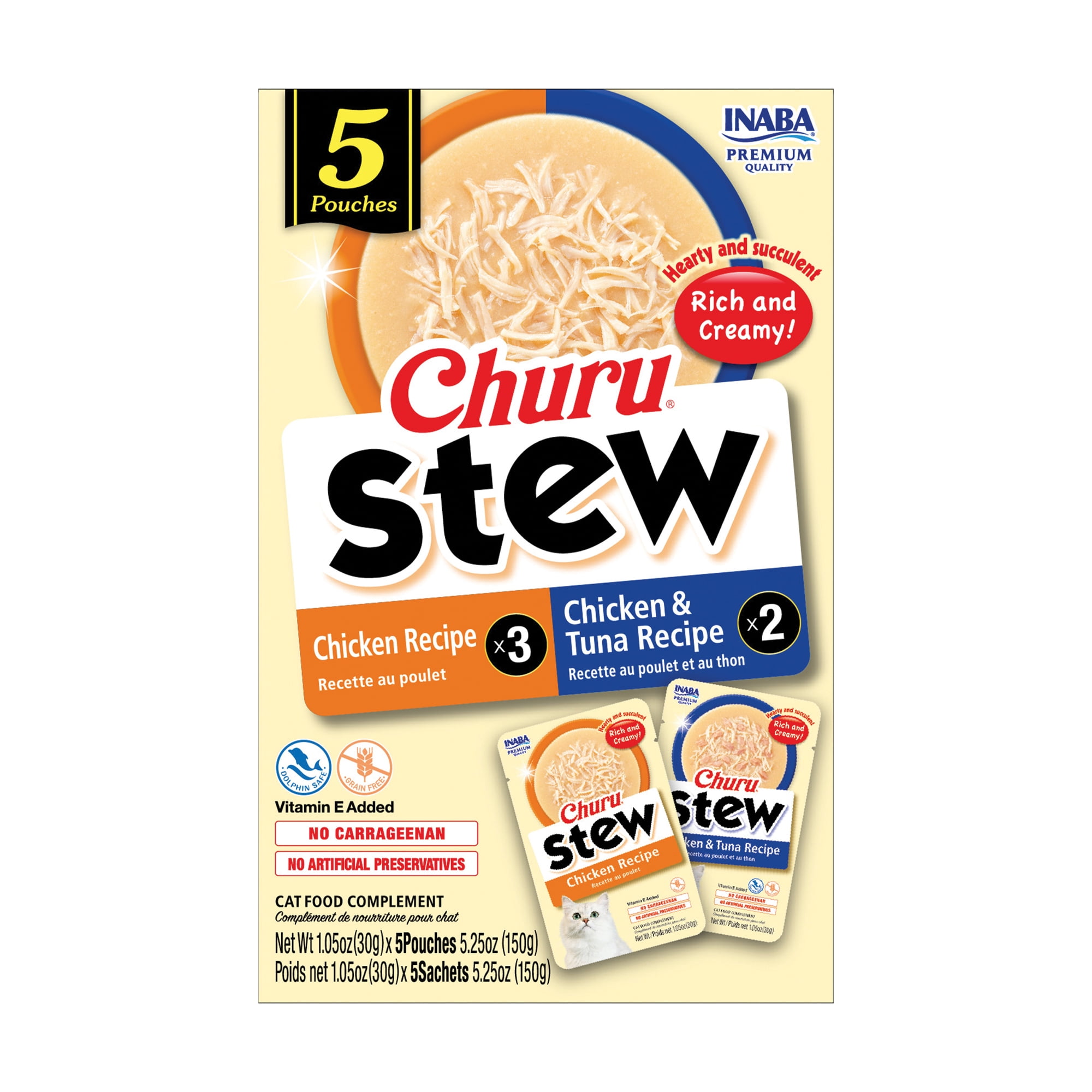 INABA Churu Stew for Cats – Chicken & Tuna Variety 5-pack – Chicken (3) & Chicken/Tuna (2) – Free-range shredded chicken in creamy gelée, vitamin E added, side-dish pouches, 30g