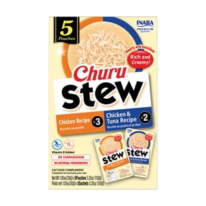 INABA Churu Stew pour les chats – Poulet & Variété de thon 5-pack – Poulet (3) & Poulet/Tuna (2) – Poulet déchiqueté à l'extérieur en gelée crémeuse, ajout de vitamine E, sachets à la side-dish 30g