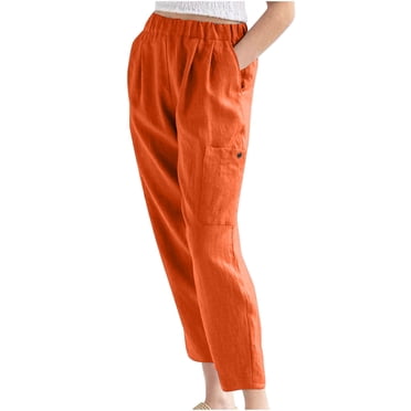 Womens Pants Summer Pants Casual Solid Color Elastic Waist Linen Pockets Pants Casual Pants for Women Orange XL