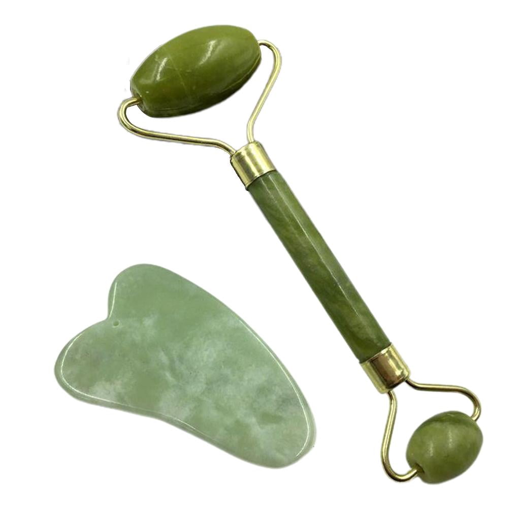 Milaget Rouleau de Jade et Gua Sha Ensemble pour Belle Peau Visage Yeux du Cou Outil Masseur Réduire les Rides Favoriser la Circulation A