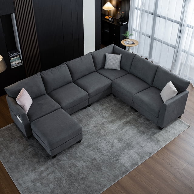 Noble House Modular U-Shaped Sectional Sofa with Storage Ottoman & USB Ports, 6-Seater Oversized Corner Couch, Gray
