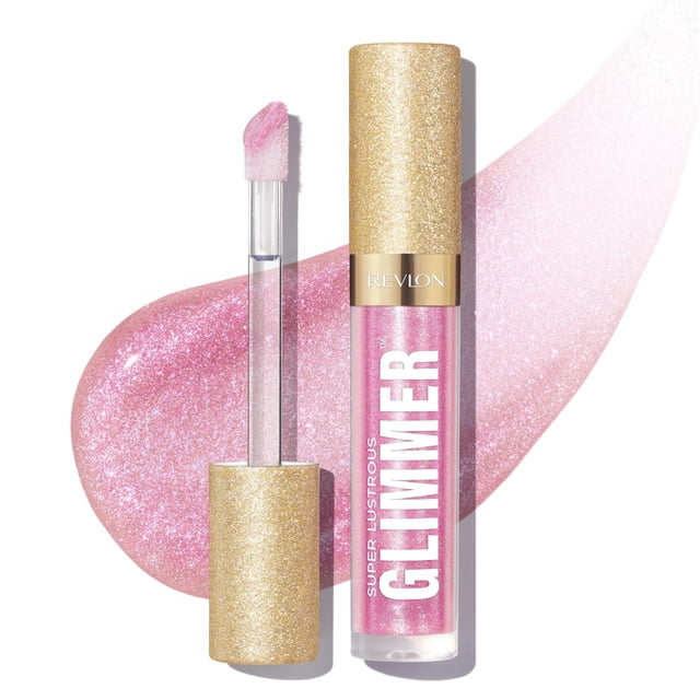 Super Lustrous Glimmer™ Gloss high shine lip gloss in a clear tube with gold glitter cap, showing pink shimmer gloss with plant-based glitter and light-refracting pearls, with an oversized applicator wand and a pink glittery gloss swatch on white background, suitable for adding multidimensional shine and hydration.