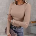 thumbnail image 2 of WEIYLL Womens Long Sleeve Stretch Crewneck Ribbed T Shirt Fitted Solid Color Casual Basic Tops Khaki, 2 of 4