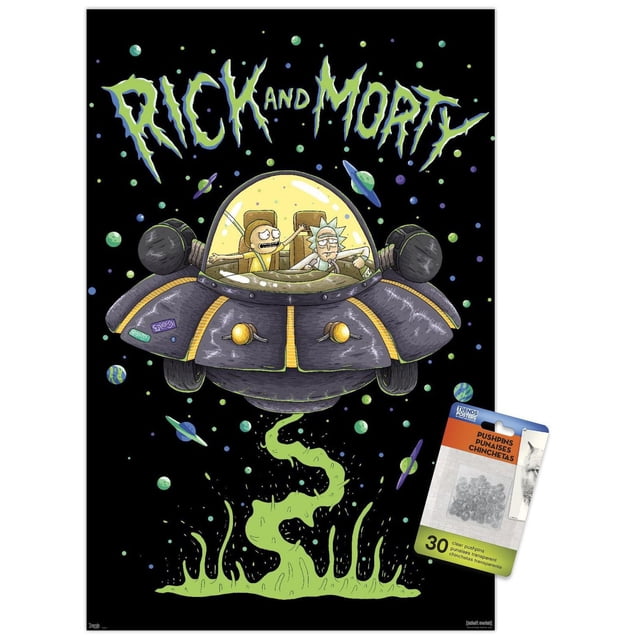 Rick And Morty - Affiche Murale de Navire, 22,375 Po x 34 Po Représentant Rick And Morty à l'Intérieur d'Un Vaisseau Spatial Gris avec des accents Jaunes Volant dans l'Espace avec des Planètes et des Étoiles Colorées sur un Fond Noir, Sentier de slime Vert Dessous, Imprimée sur Papier d'Affiche Lustré, Convient à la Décoration Murale de Chambre Ou de Bureau.