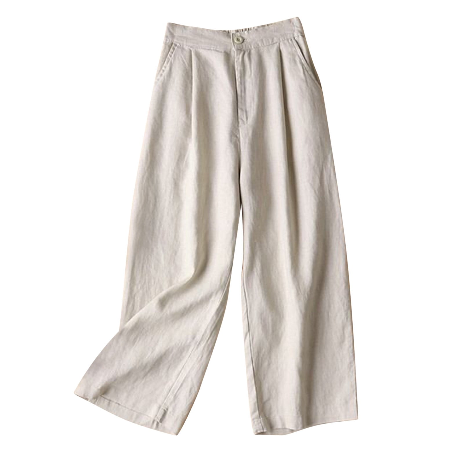 Timegard Womens Lounge Pants Wide Leg Cotton Linen Elastic Waisted Button Loose 3/4 Pants with Pockets