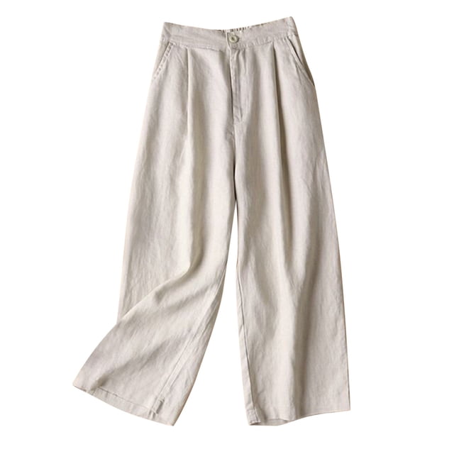 Timegard Womens Lounge Pants Wide Leg Cotton Linen Elastic Waisted Button Loose 3/4 Pants with Pockets