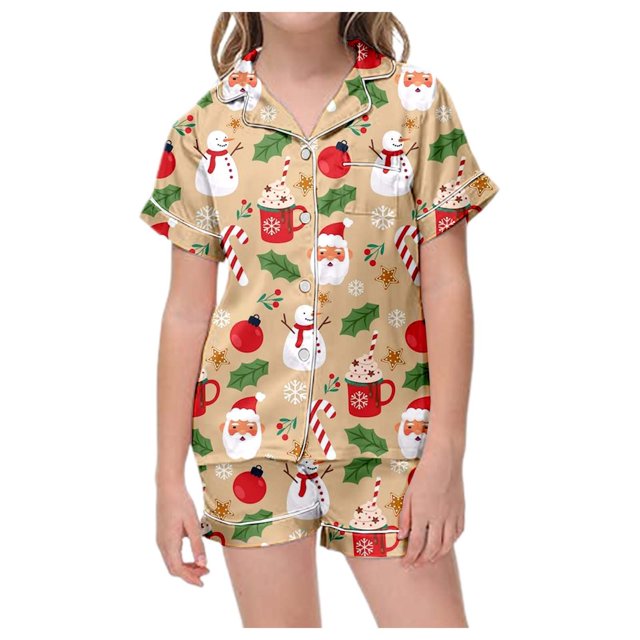 AJIWYH Pyjama Fille, Ensemble de Pyjama de Noël Classique pour Enfants à Imprimé, Chemise à Col Boutonnée à Manches Courtes et Short, Pyjama de Soirée Pyjama pour Filles Violet Foncé, 12-13 Ans