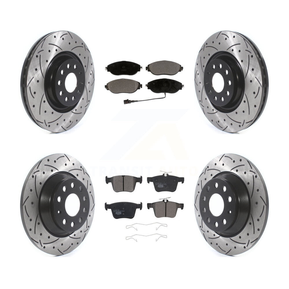 Transit Auto Front Rear Coated Drilled Slotted Disc Brake Rotors and Ceramic Pads Kit for Car Volkswagen Tiguan Jetta KDT-100680
