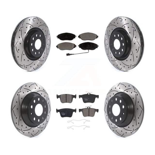 Transit Auto Front Rear Coated Drilled Slotted Disc Brake Rotors and Ceramic Pads Kit for Car Volkswagen Tiguan Jetta KDT-100680