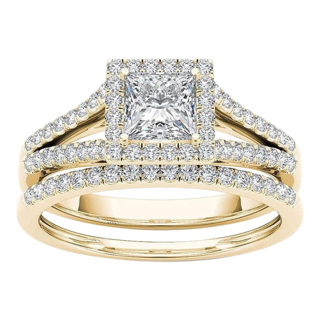 EGNMCR Rings Womens Rings 2-in-1 Set Detachable Shiny Diamond Set Engagement Wedding Rings Inlaid Zircon gold ring