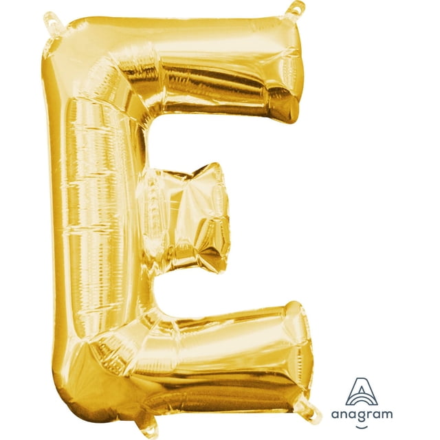 Anagram International Party-Eh! Gold Letter E Balloon inflated with shiny metallic gold foil and four hanging tabs, designed for party decoration without helium, suitable for brightening celebrations or events.