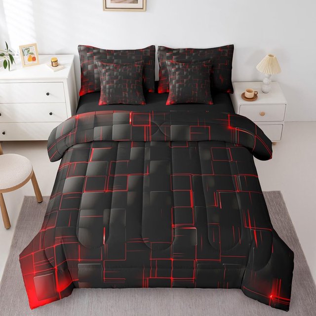 Geometric Grid Comforter Set 7 Pieces, Red and Black Checkered Bed Set, Modern Abstract Check Plaid Square Bedding Full with 1 Comforter,1 Fitted Sheet,1 Flat Sheet,2 Pillowcases, 2 Throw Pillow Cover