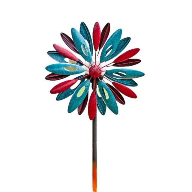 SteadyDoggie 1.9M Solar Wind Spinner Solstice Multi-Color LED Lighting featuring a vibrant multicolour design with red and blue petal-like blades arranged in a circular pattern. This 75-inch garden décor piece includes solar-powered LED lights for ambient nighttime illumination. Crafted from durable metal with sealed bearings, it is designed for outdoor use and includes stability stakes for secure mounting.