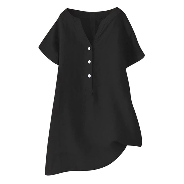 Timegard Womens Cotton Linen Tops Plus Size Notched V Neck Button Short Sleeve Casual Loose Tee Shirts