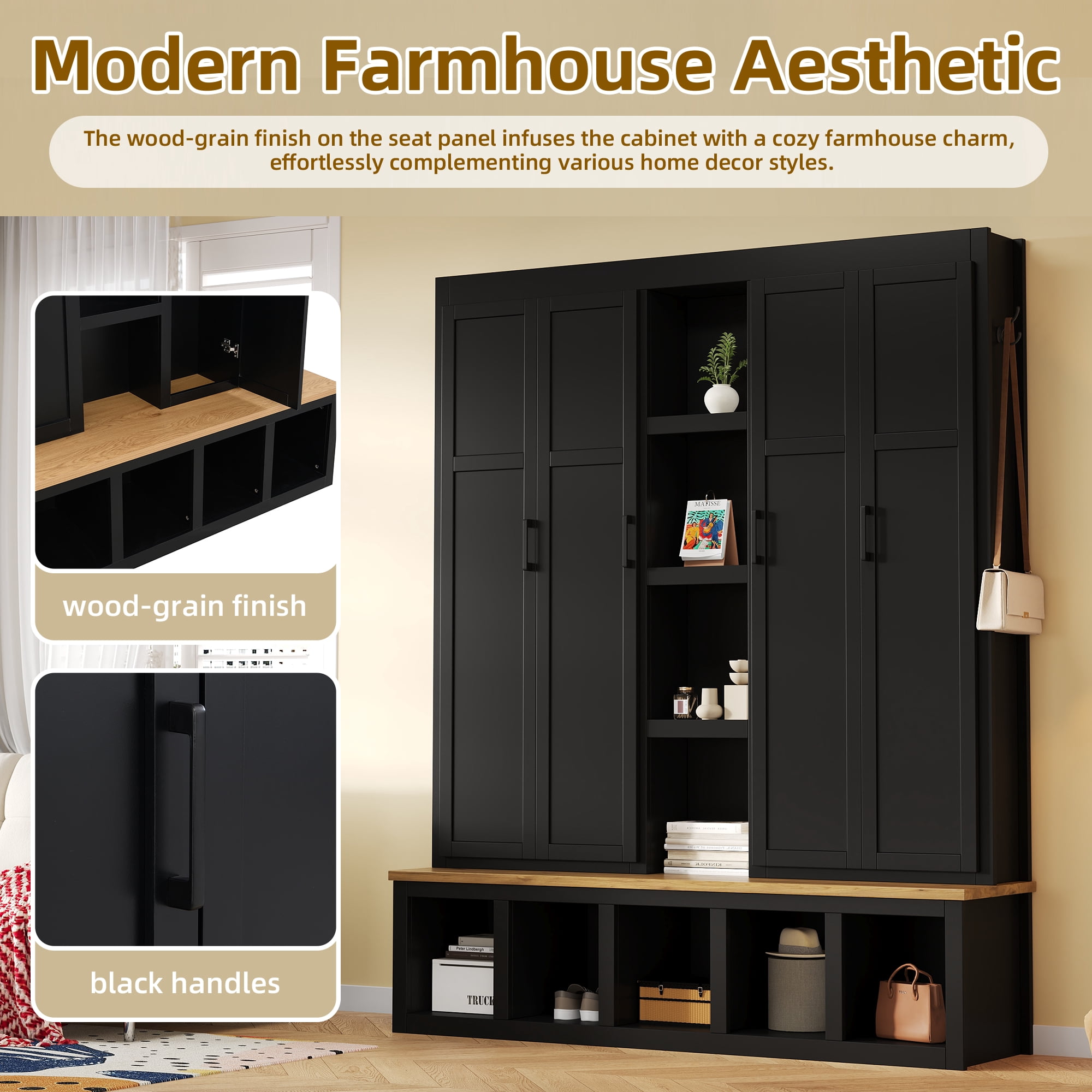 Noble House 62.9" Farmhouse Hall Tree with 6 Hooks,Wood Grain Bench & Shoe Cabinet for Entryway Living Room,Black
