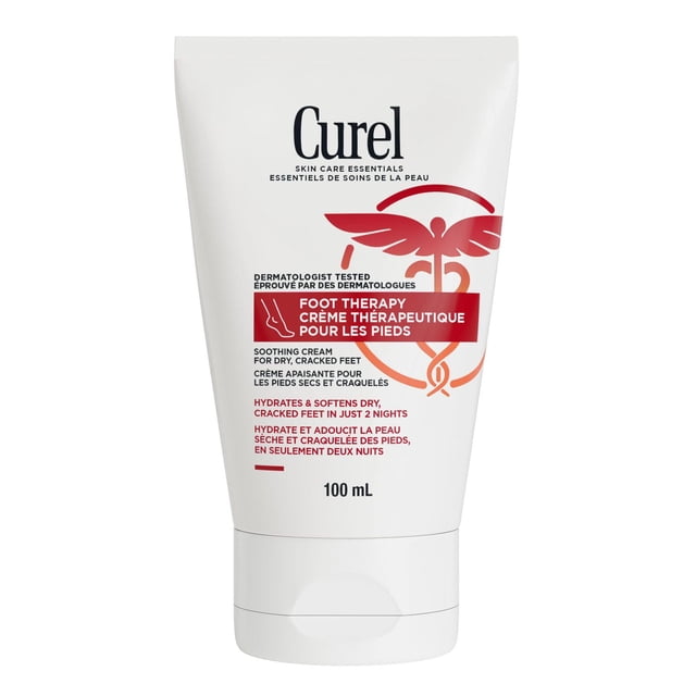 Curel Foot Therapy Cream 100mL white squeeze tube with red medical symbol and bilingual text, dermatologist tested soothing lotion for dry, cracked feet that hydrates and softens skin in two nights, suitable for dry skin moisturization and foot care.