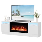 Modern LED TV Stand for Living Room – Fits up to 75" TVs, Storage Cabinets & Open Shelves, Compatible with 36" Electric Fireplace (Fireplace Not Included), Wooden Entertainment Center – White