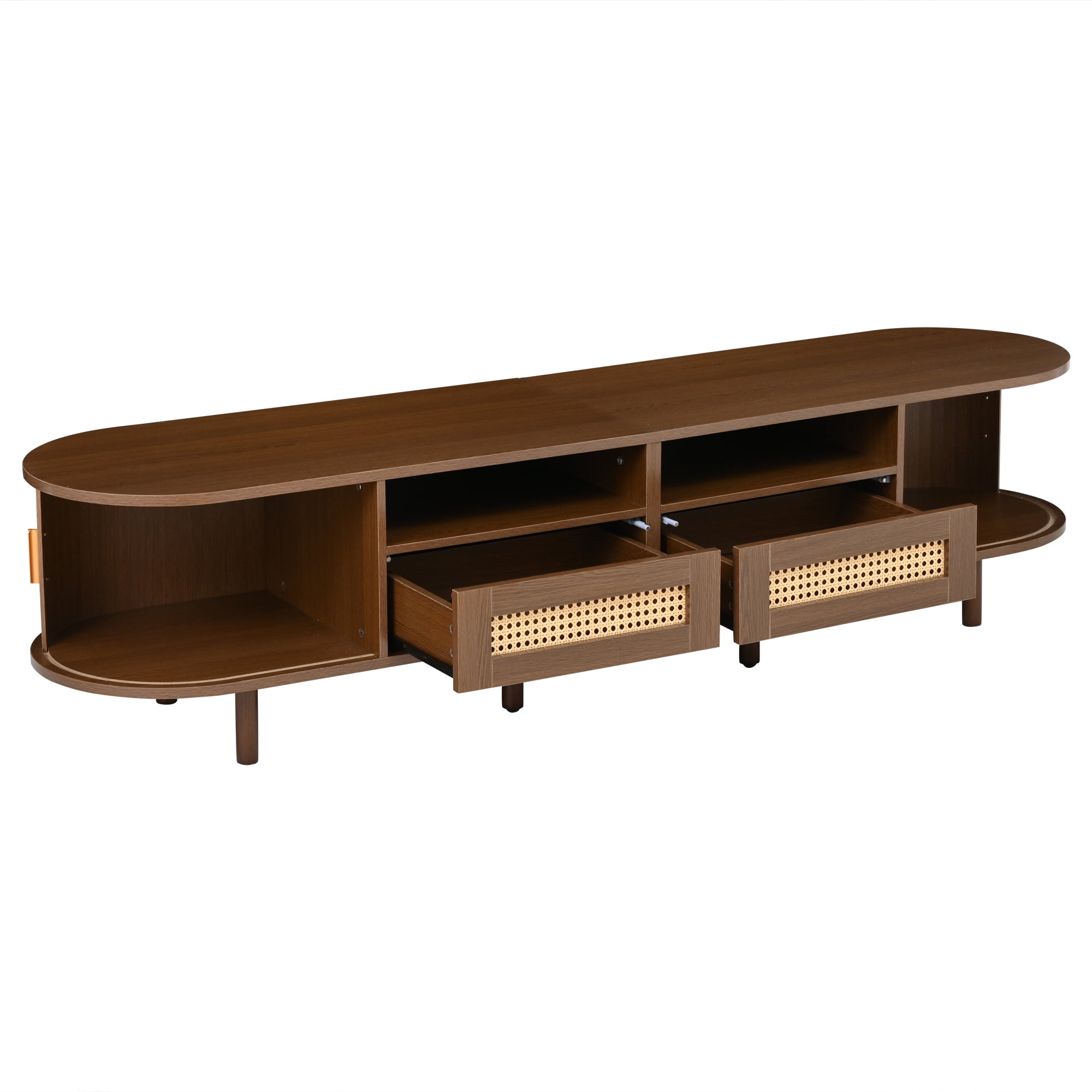 Meuble TV maison Noble 64.9" avec 2 tiroirs en rotin et 2 portes coulissantes, buffet ovale arrondi pour TV 65", noyer