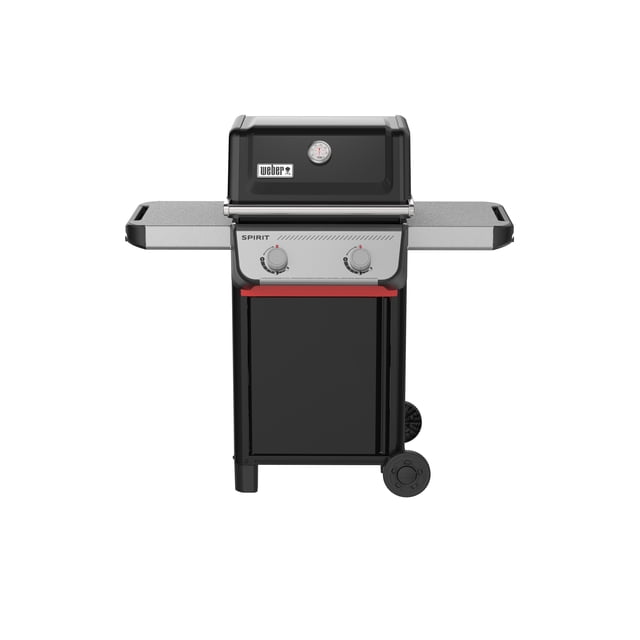 Spirit® E-210 Gas Grill (Liquid Propane) with a front-facing view featuring a black grill body, two silver hammertone metal side tables, a lid with built-in thermometer and Weber logo, and two control knobs with Snap-Jet Ignition. The grill has wheeled legs for mobility and precise heat control, suitable for outdoor gas BBQ cooking and compatible with Weber Works™ snap-on accessories.
