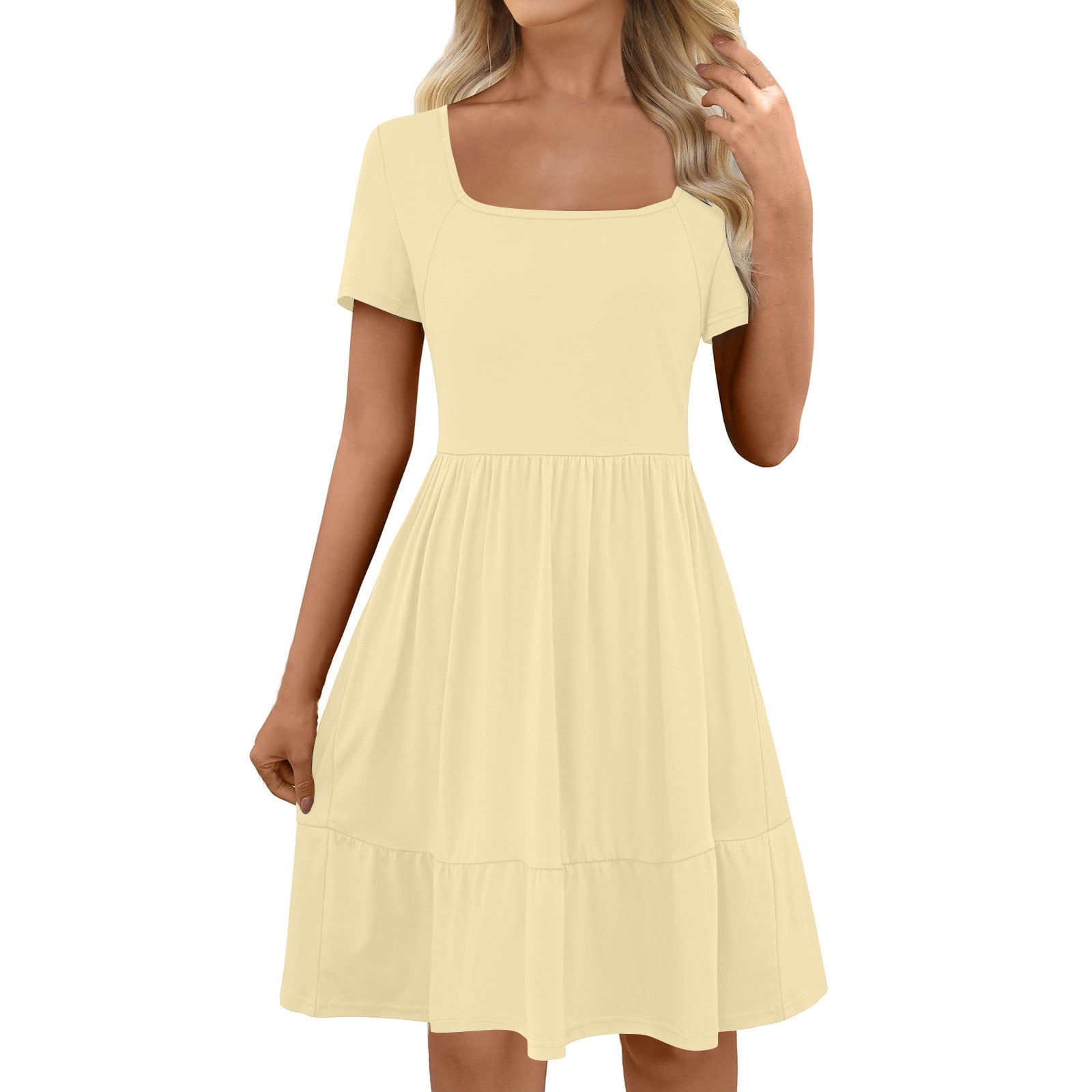 Robe d'Été pour Femme à Encolure Carrée, Grande Taille, Mignonne, à Manches Courtes, Taille Haute, Robe Trapèze Évasée à Volants, Danse, Beige, G