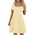 thumbnail image 1 of Robe d'Été pour Femme à Encolure Carrée, Grande Taille, Mignonne, à Manches Courtes, Taille Haute, Robe Trapèze Évasée à Volants, Danse, Beige, G, 1 of 6